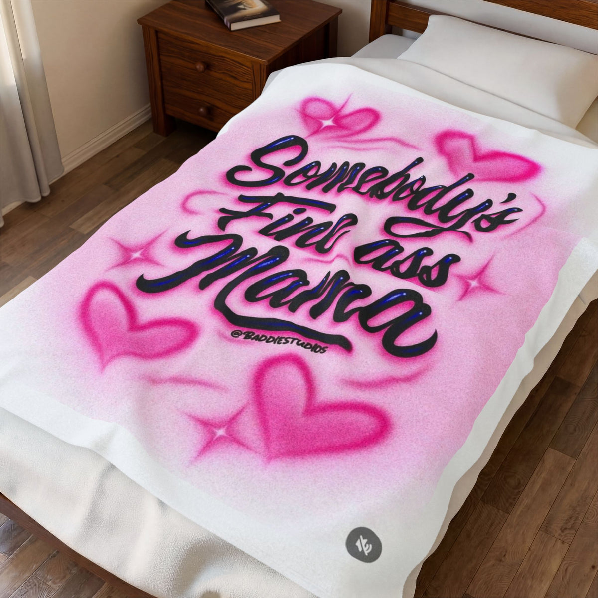 Somebody's Fine Ass Mama Velveteen Plush Blanket — Pink Airbrush Heart Throw for Mom, Mother's Day Gift