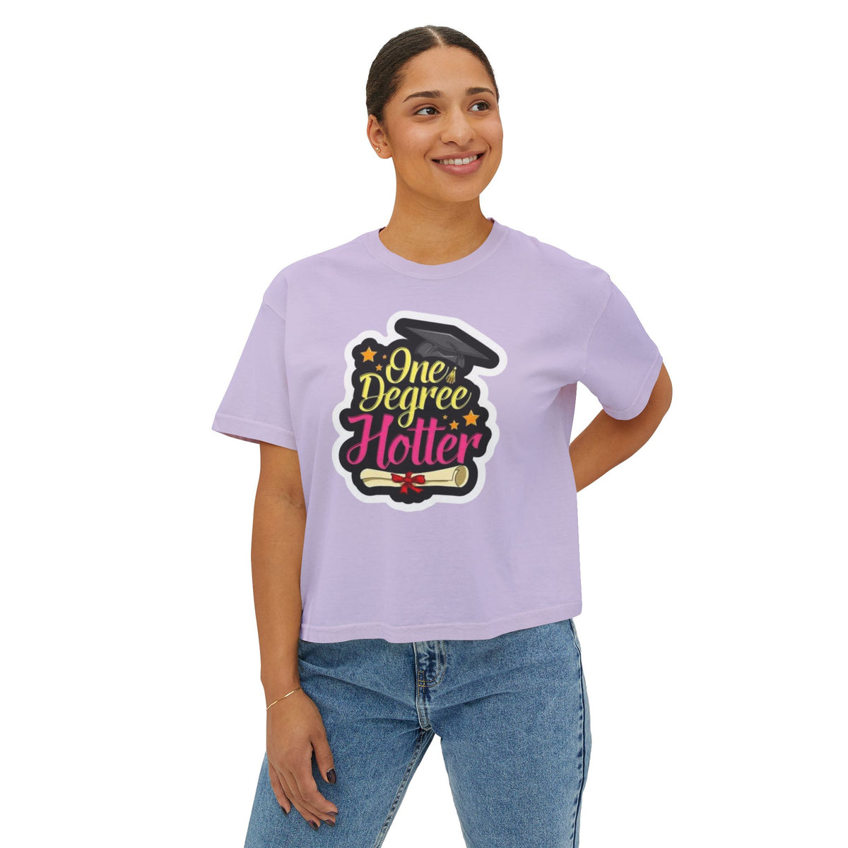 One Degree Hotter Graduation Boxy Tee — Women's Grad Cap & Diploma Celebration Shirt