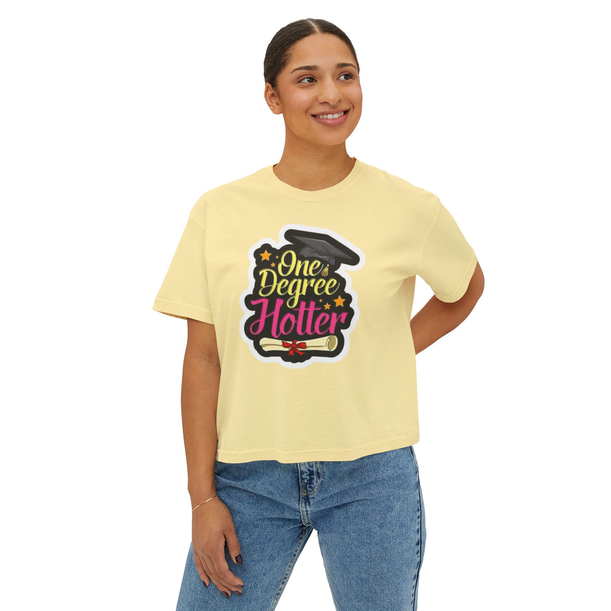 One Degree Hotter Graduation Boxy Tee — Women's Grad Cap & Diploma Celebration Shirt