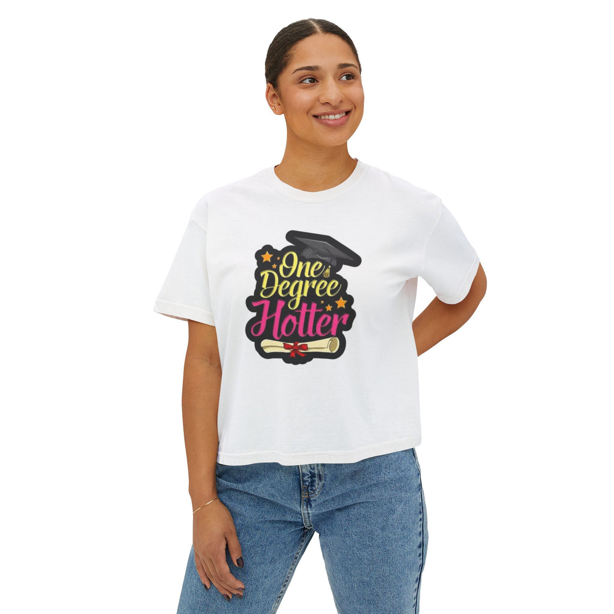 One Degree Hotter Graduation Boxy Tee — Women's Grad Cap & Diploma Celebration Shirt