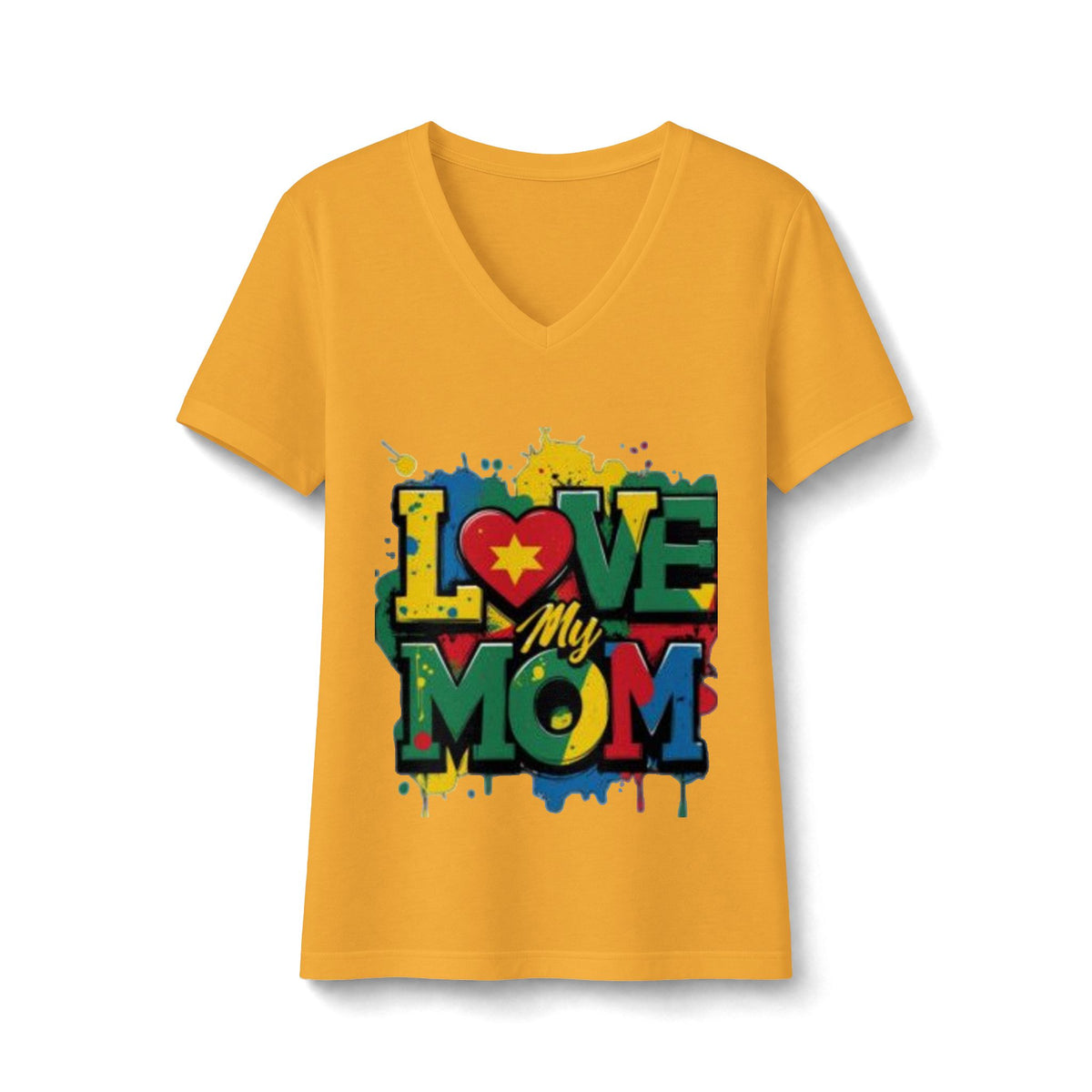 Love My Mom V-Neck Tee — Colorful Heart Mom Graphic Shirt for Mother’s Day