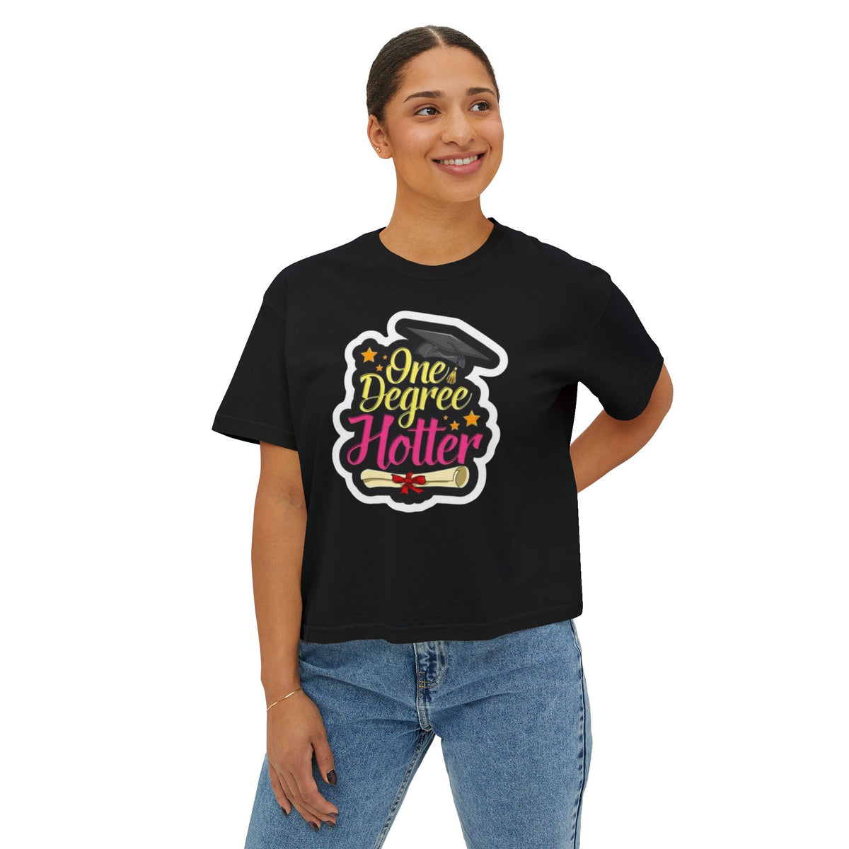 One Degree Hotter Graduation Boxy Tee — Women's Grad Cap & Diploma Celebration Shirt