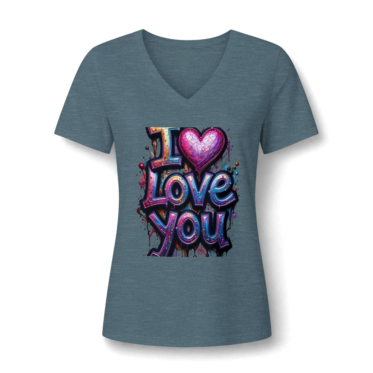 V-Neck Tee — 'I  Love You' Colorful Graffiti Heart Tee for Women