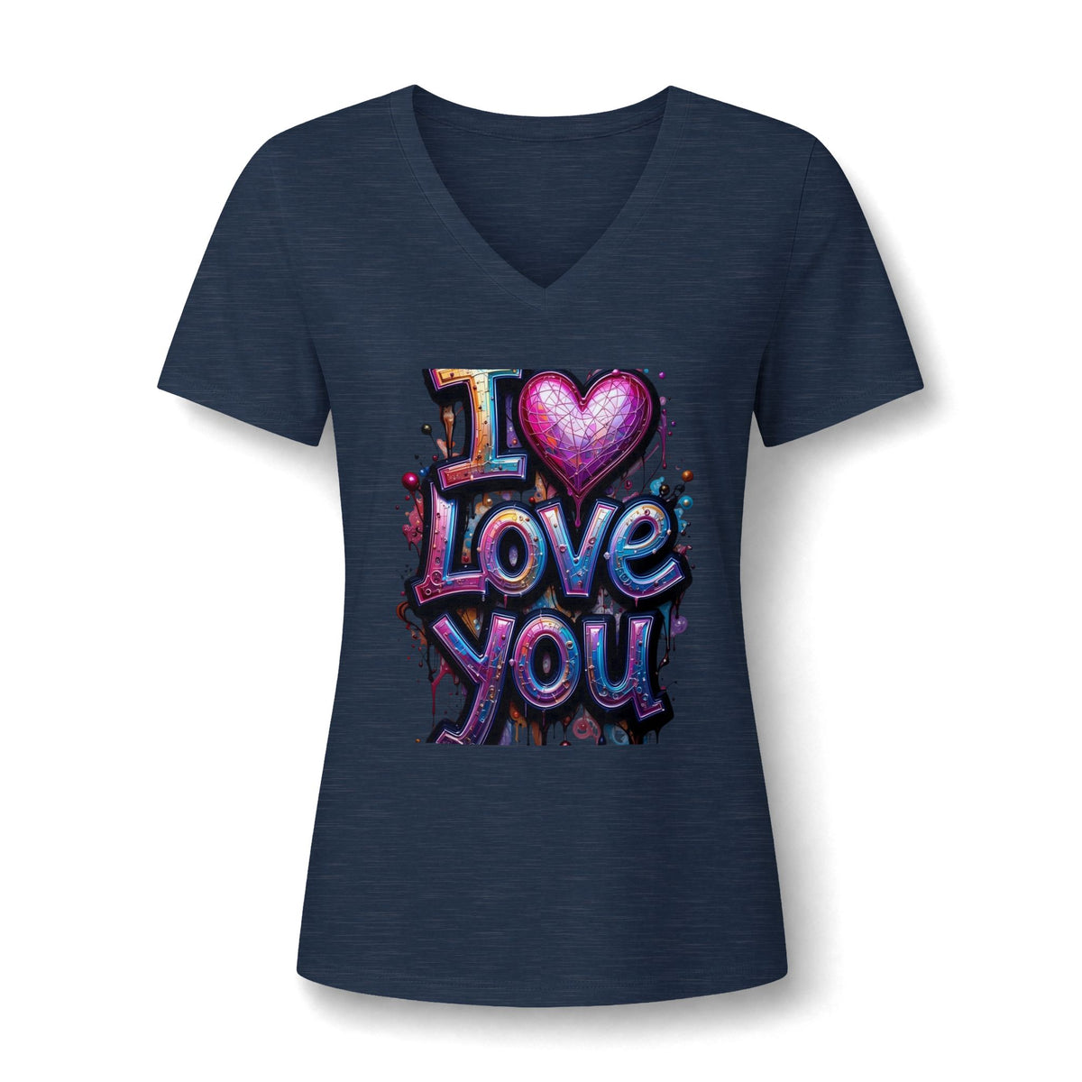 V-Neck Tee — 'I  Love You' Colorful Graffiti Heart Tee for Women