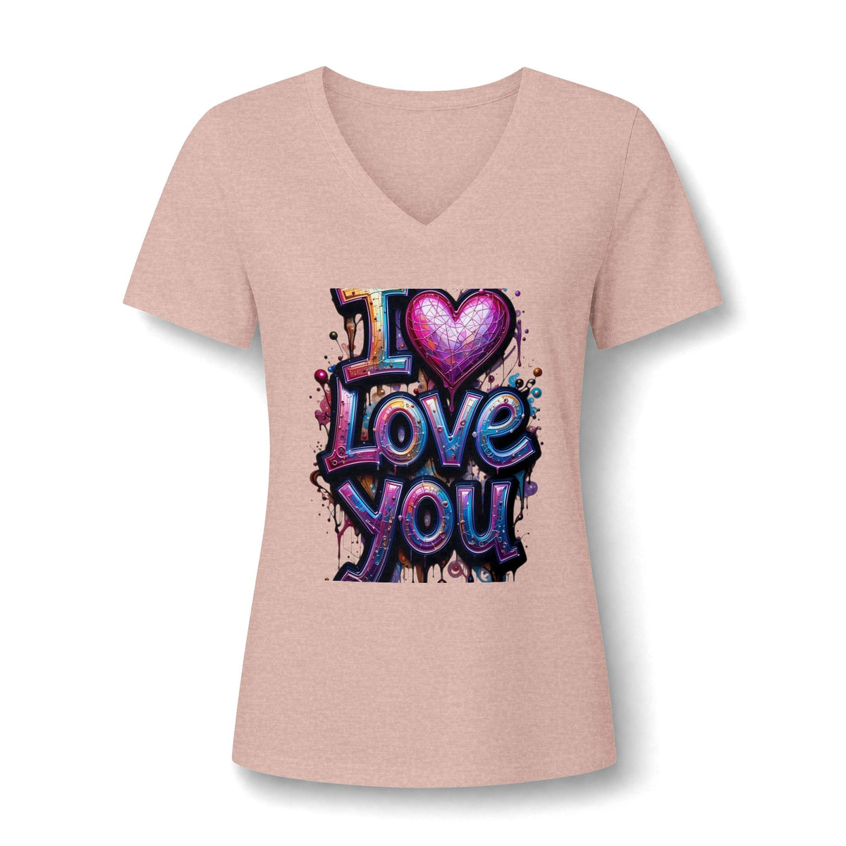 V-Neck Tee — 'I  Love You' Colorful Graffiti Heart Tee for Women