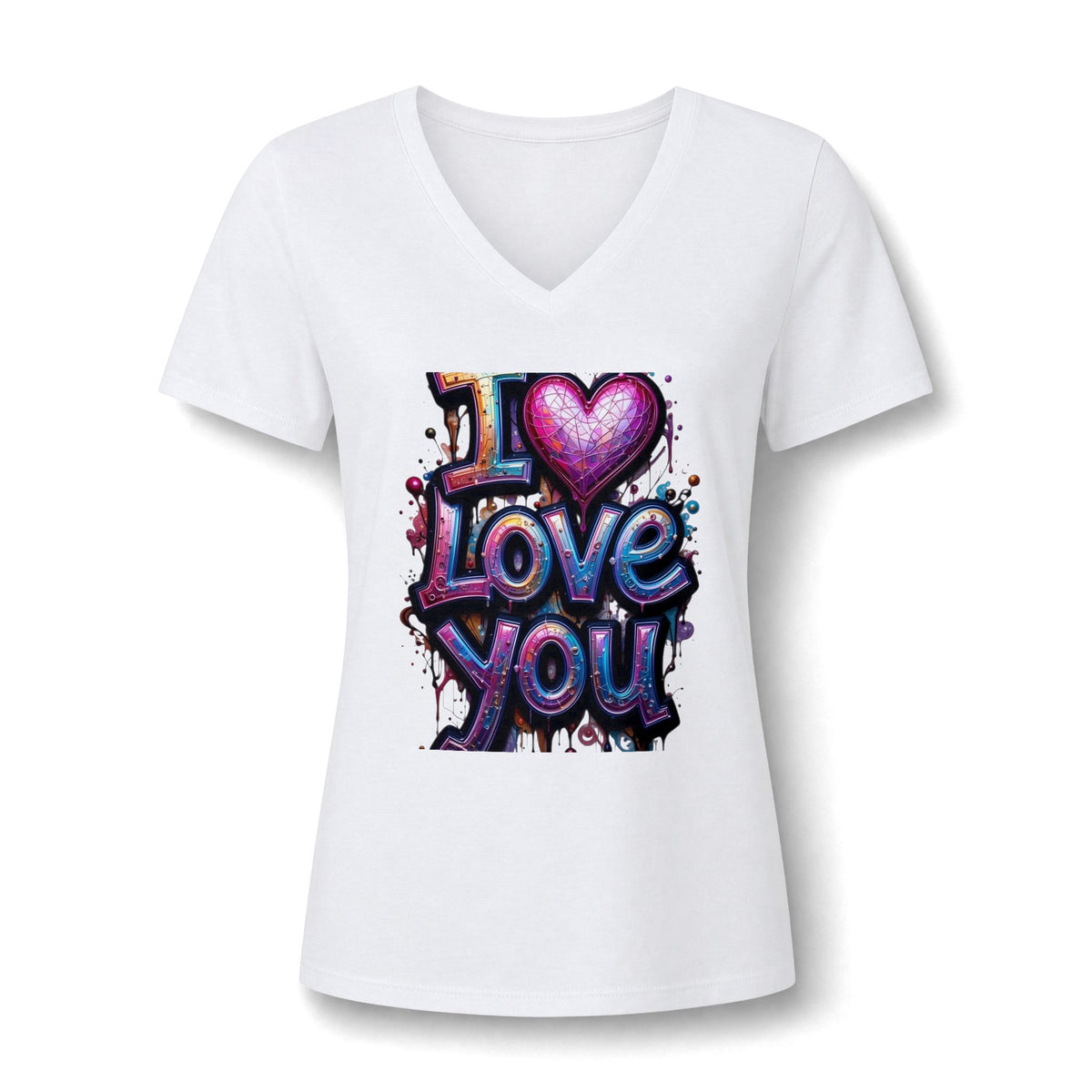 V-Neck Tee — 'I  Love You' Colorful Graffiti Heart Tee for Women